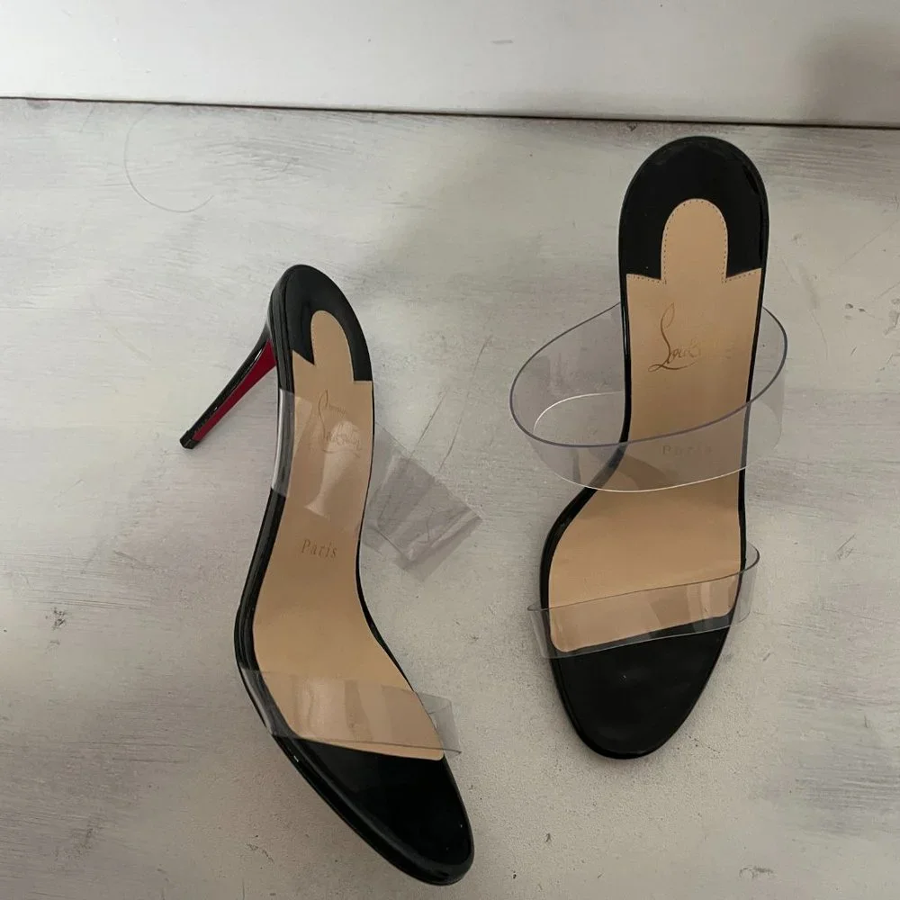 ❌SOLD❌Christian Louboutin Just Nothing 85 Slide Sandals Patent Leather PVC Mule - Picture 7 of 12